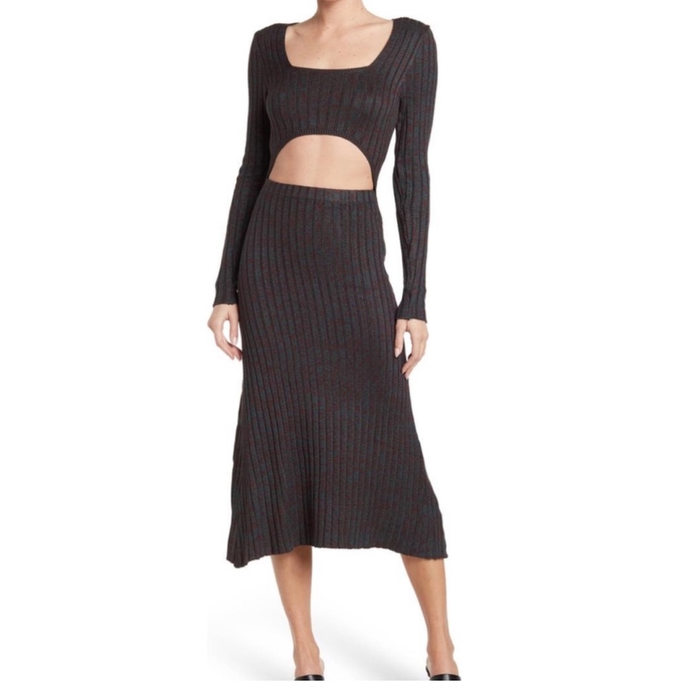 NWT AFRM Skye Marled Pine Green Cut Out Ribbed Knit MIDI Dress, size Medium